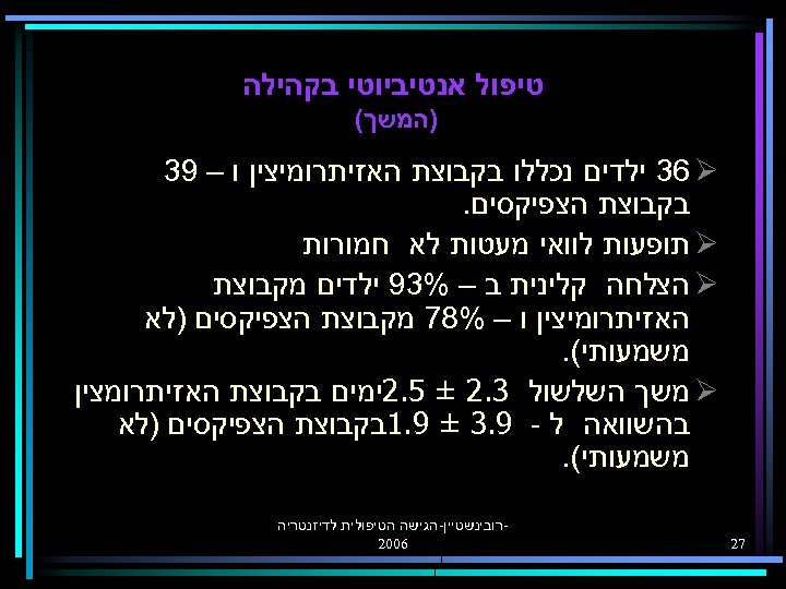  טיפול אנטיביוטי בקהילה )המשך( 36 Ø ילדים נכללו בקבוצת האזיתרומיצין ו – 93