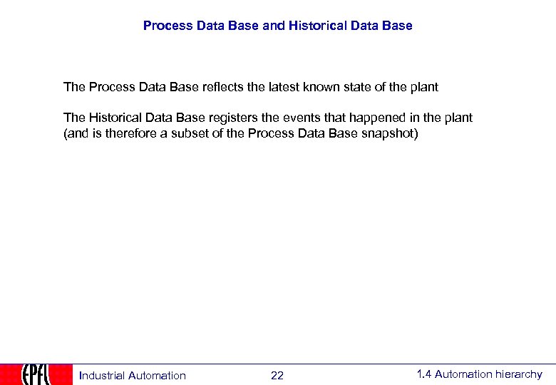 Process Data Base and Historical Data Base The Process Data Base reflects the latest