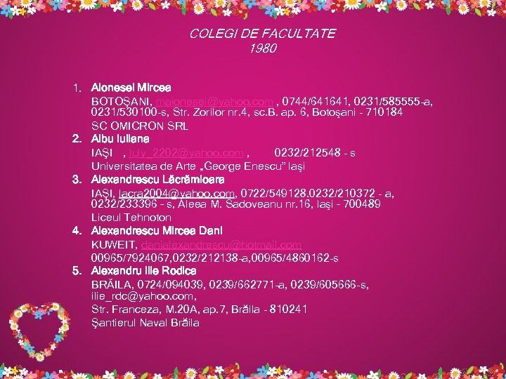 COLEGI DE FACULTATE 1980 1. Aionesei Mircea BOTOŞANI, maionesei@yahoo. com , 0744/641641, 0231/585555 -a,