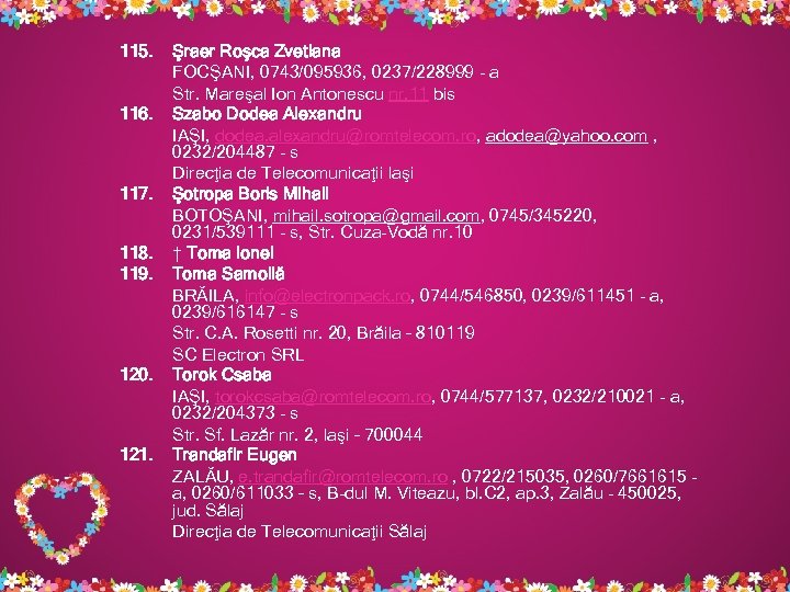 115. 116. 117. 118. 119. 120. 121. Şraer Roşca Zvetlana FOCŞANI, 0743/095936, 0237/228999 -