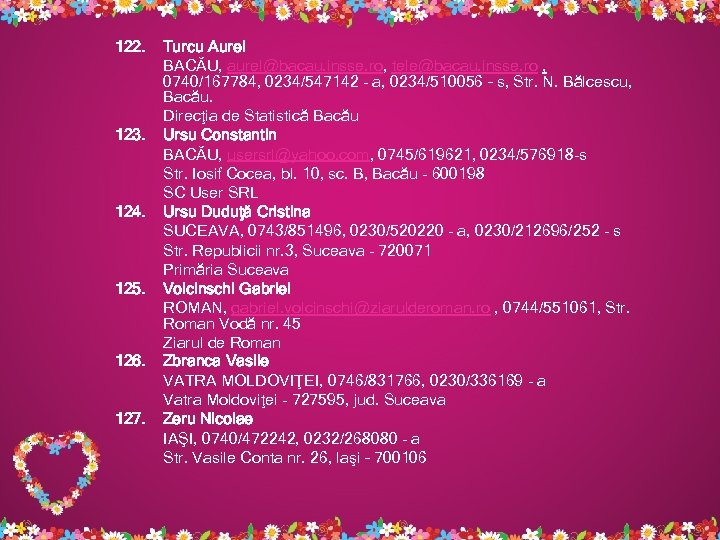 122. 123. 124. 125. 126. 127. Turcu Aurel BACĂU, aurel@bacau. insse. ro, tele@bacau. insse.