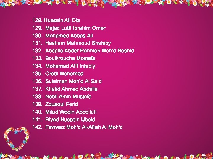 128. Hussein Ali Dia 129. Majed Lutfi Ibrahim Omer 130. Mohamed Abbas Ali 131.