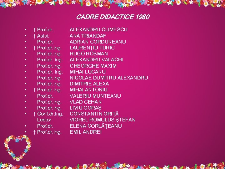 CADRE DIDACTICE 1980 • • • • • † Prof. dr. † Asist. Prof.