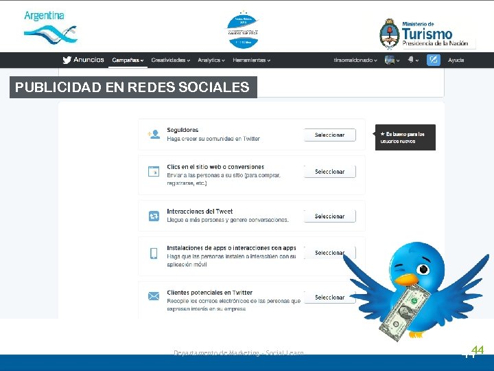 PUBLICIDAD EN REDES SOCIALES Departamento de Marketing - Social Learn 44 44 
