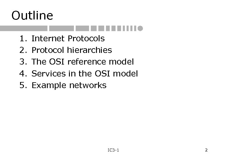 Outline 1. 2. 3. 4. 5. Internet Protocols Protocol hierarchies The OSI reference model