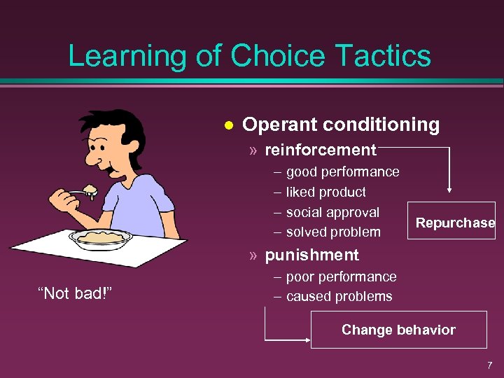Learning of Choice Tactics l Operant conditioning » reinforcement – – good performance liked