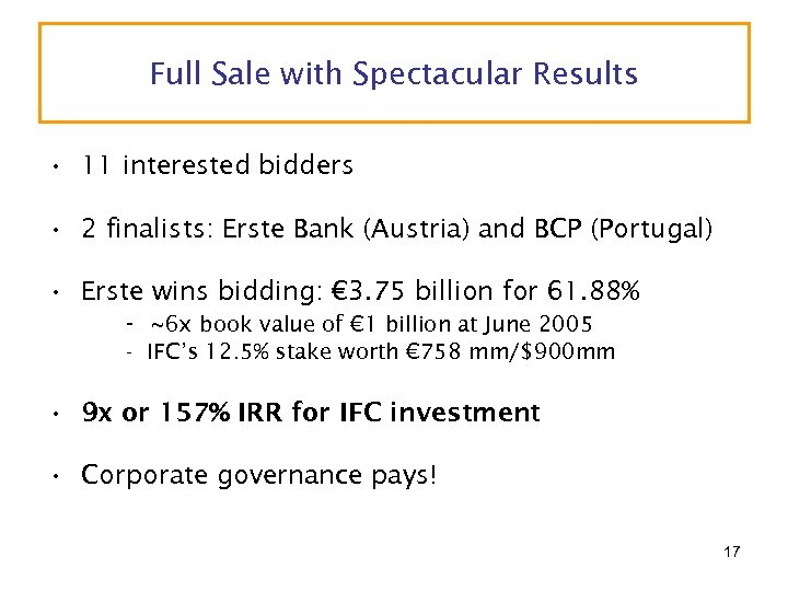 Full Sale with Spectacular Results • 11 interested bidders • 2 finalists: Erste Bank