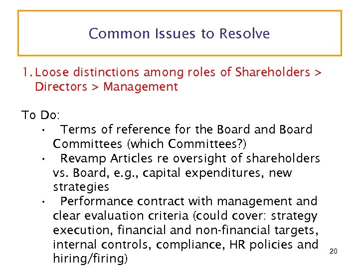 Common Issues to Resolve 1. Loose distinctions among roles of Shareholders > Directors >