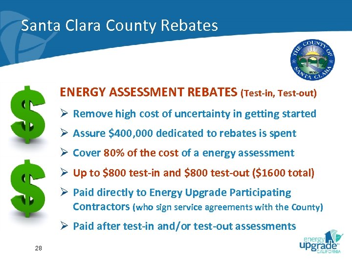 Santa Clara County Rebates ENERGY ASSESSMENT REBATES (Test-in, Test-out) Ø Remove high cost of