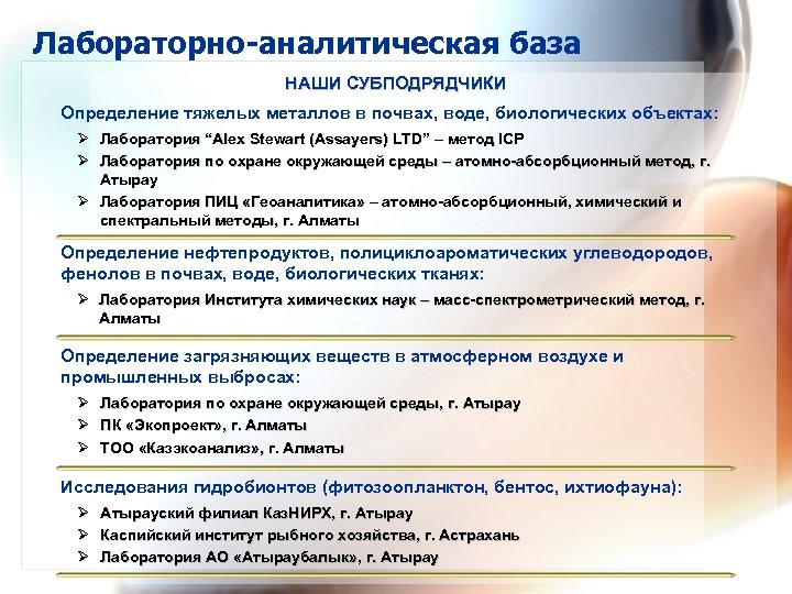 Лабораторно-аналитическая база НАШИ СУБПОДРЯДЧИКИ Определение тяжелых металлов в почвах, воде, биологических объектах: Ø Лаборатория