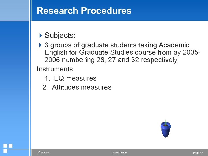 Research Procedures 4 Subjects: 4 3 groups of graduate students taking Academic English for