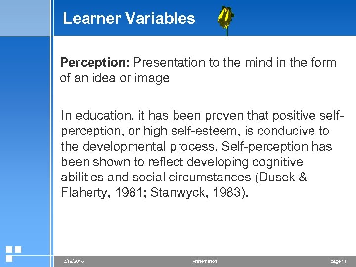 Learner Variables Perception: Presentation to the mind in the form of an idea or