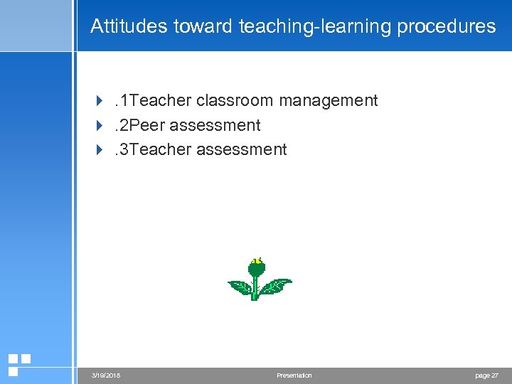 Attitudes toward teaching-learning procedures 4 . 1 Teacher classroom management 4 . 2 Peer