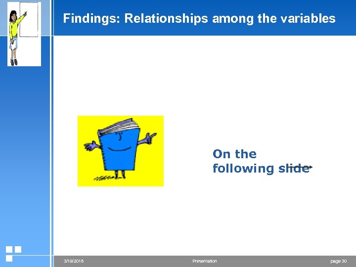 Findings: Relationships among the variables On the following slide 3/19/2018 Presentation page 30 