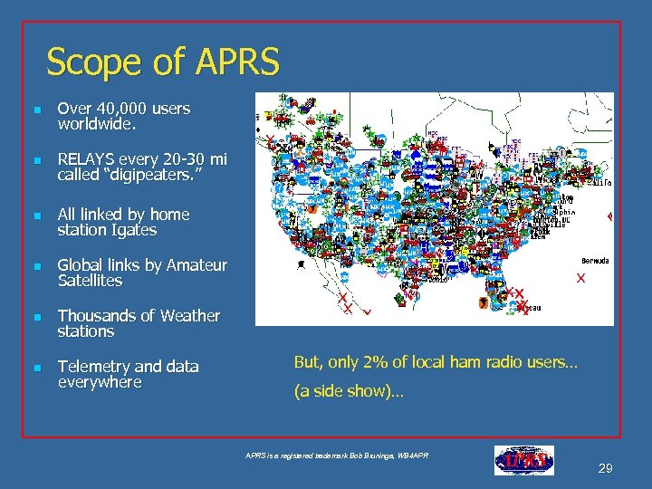 Scope of APRS n Over 40, 000 users worldwide. n RELAYS every 20 -30