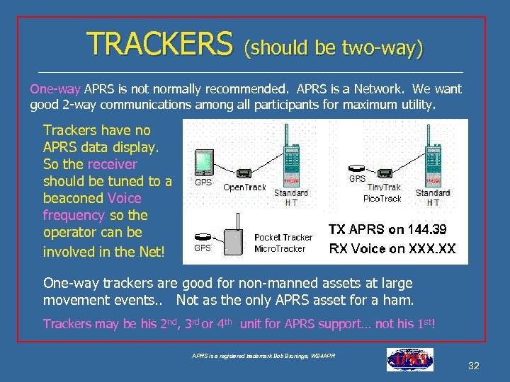 TRACKERS (should be two-way) One-way APRS is not normally recommended. APRS is a Network.