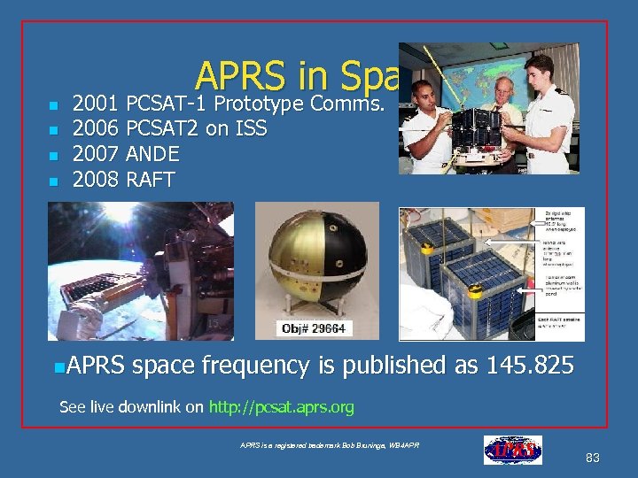 n n APRS in Space 2001 PCSAT-1 Prototype Comms. 2006 PCSAT 2 on ISS