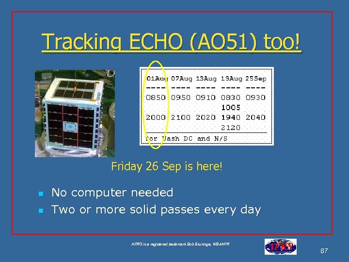 Tracking ECHO (AO 51) too! Friday 26 Sep is here! n n No computer