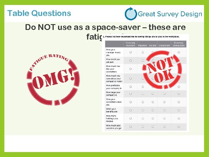 Table Questions Do NOT use as a space-saver – these are fatiguing! 