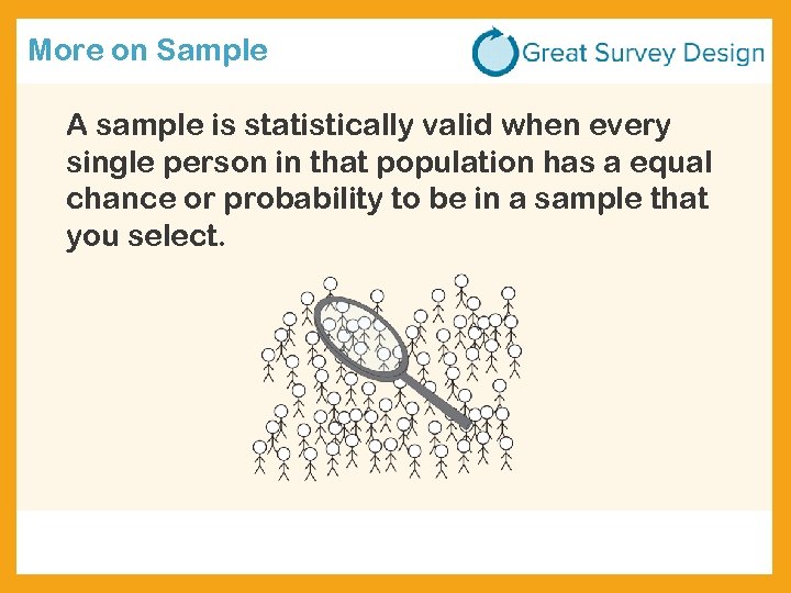 More on Sample A sample is statistically valid when every single person in that