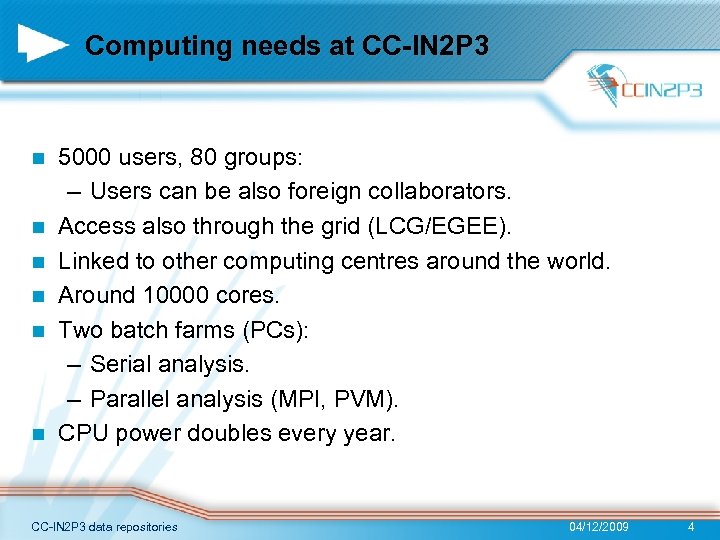 Computing needs at CC-IN 2 P 3 n n n 5000 users, 80 groups: