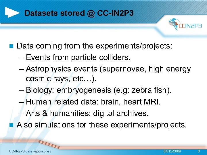 Datasets stored @ CC-IN 2 P 3 Data coming from the experiments/projects: – Events