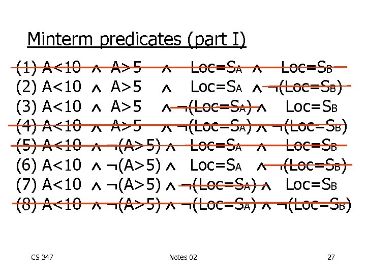 Minterm predicates (part I) (1) (2) (3) (4) (5) (6) (7) (8) A<10 A<10
