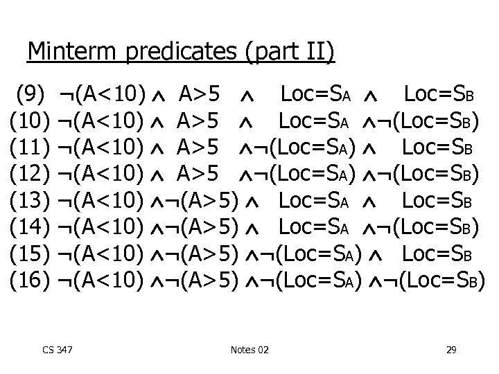 Minterm predicates (part II) (9) (10) (11) (12) (13) (14) (15) (16) ¬(A<10) A>5