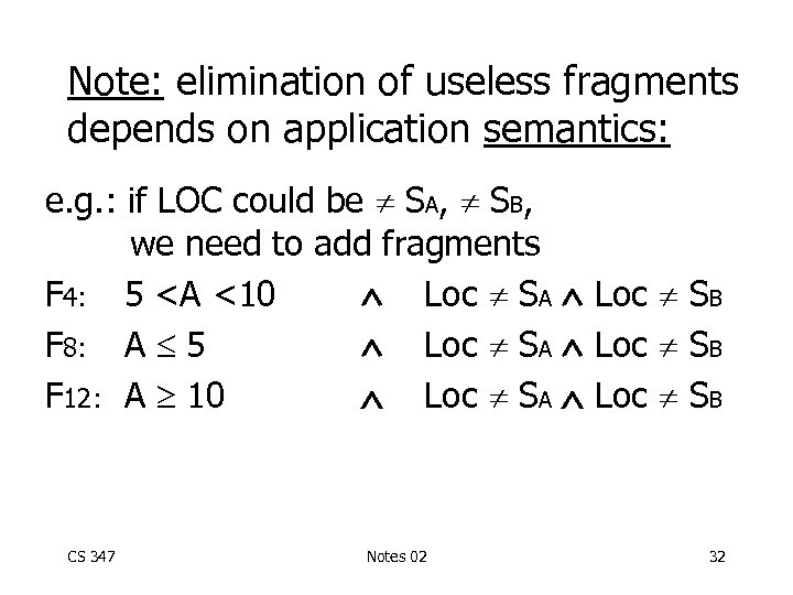Note: elimination of useless fragments depends on application semantics: e. g. : if LOC
