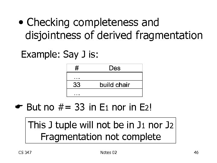  • Checking completeness and disjointness of derived fragmentation Example: Say J is: But