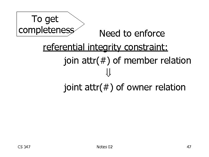 To get completeness Need to enforce referential integrity constraint: join attr(#) of member relation