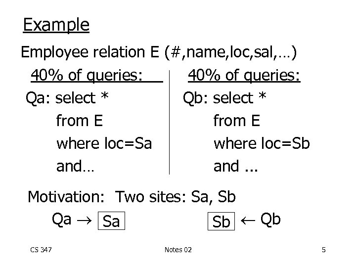 Example Employee relation E (#, name, loc, sal, …) 40% of queries: Qa: select