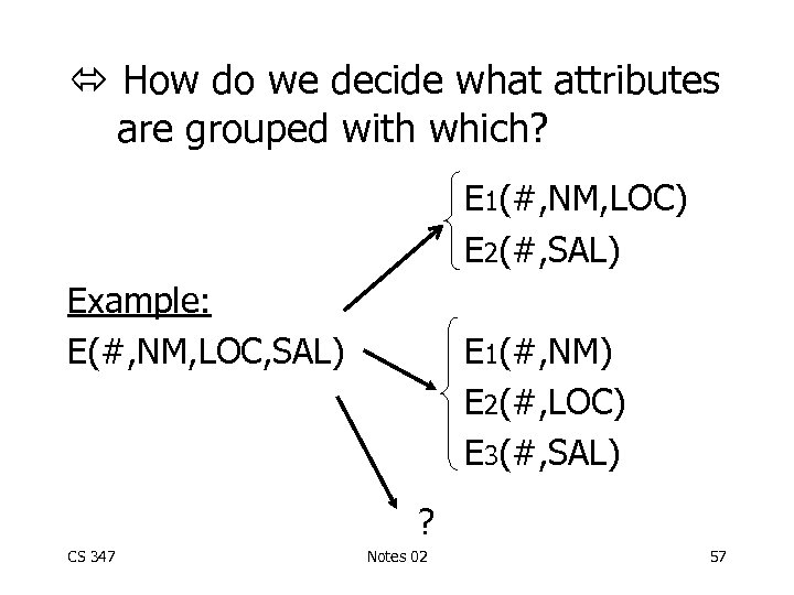  How do we decide what attributes are grouped with which? E 1(#, NM,
