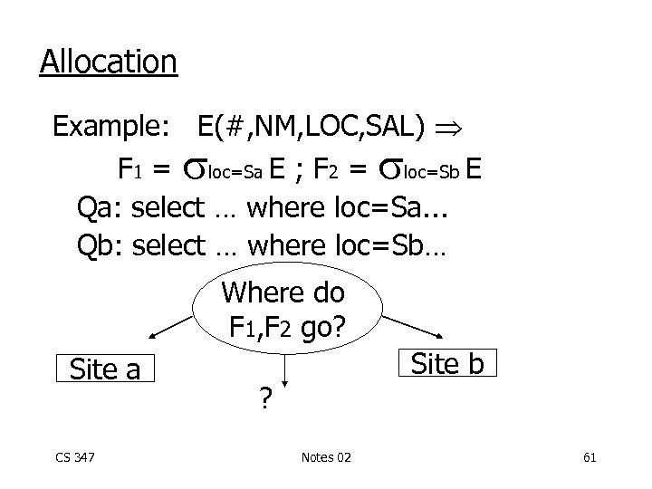 Allocation Example: E(#, NM, LOC, SAL) F 1 = loc=Sa E ; F 2
