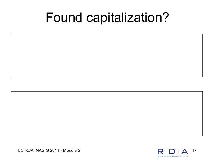 Found capitalization? LC RDA: NASIG 2011 - Module 2 17 