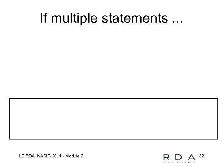 If multiple statements. . . LC RDA: NASIG 2011 - Module 2 32 