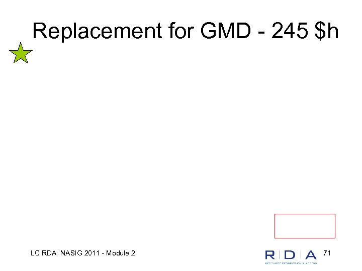 Replacement for GMD - 245 $h LC RDA: NASIG 2011 - Module 2 71