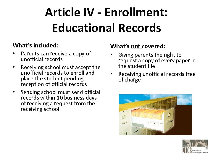 Article IV - Enrollment: Educational Records What’s included: • Parents can receive a copy