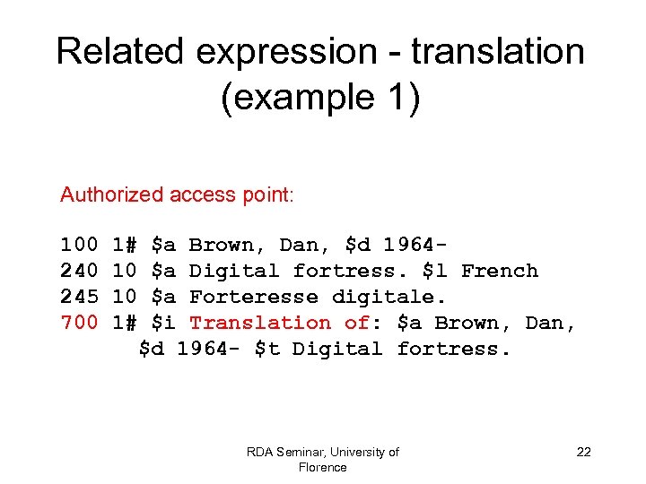 Related expression - translation (example 1) Authorized access point: 100 245 700 1# $a