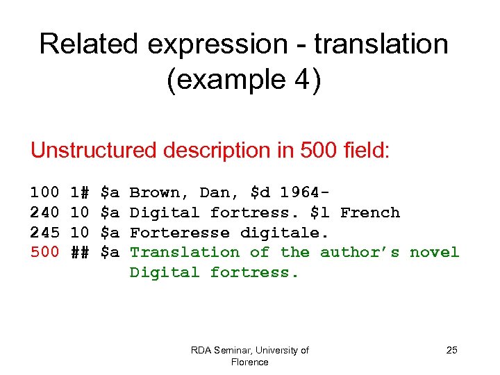 Related expression - translation (example 4) Unstructured description in 500 field: 100 245 500