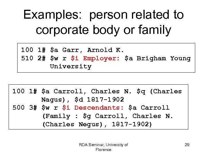 Examples: person related to corporate body or family 100 1# $a Garr, Arnold K.