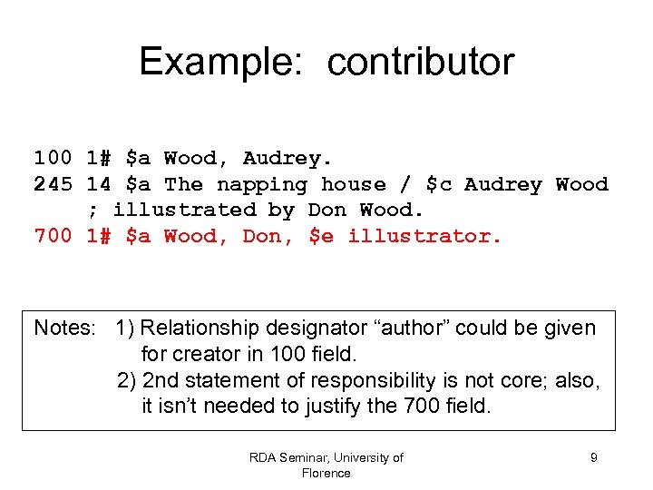 Example: contributor 100 1# $a Wood, Audrey. 245 14 $a The napping house /