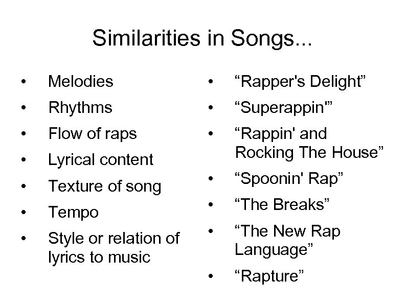 Similarities in Songs. . . • Melodies • “Rapper's Delight” • Rhythms • “Superappin'”