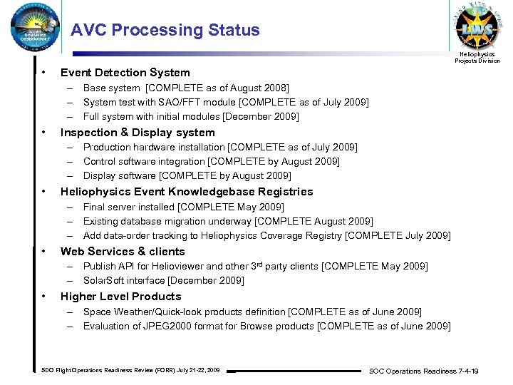 AVC Processing Status Heliophysics Projects Division • Event Detection System – Base system [COMPLETE