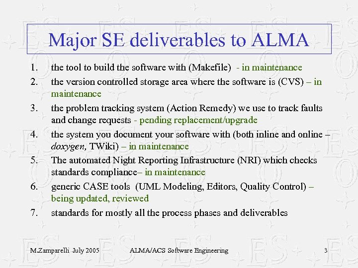 Major SE deliverables to ALMA 1. 2. 3. 4. 5. 6. 7. the tool