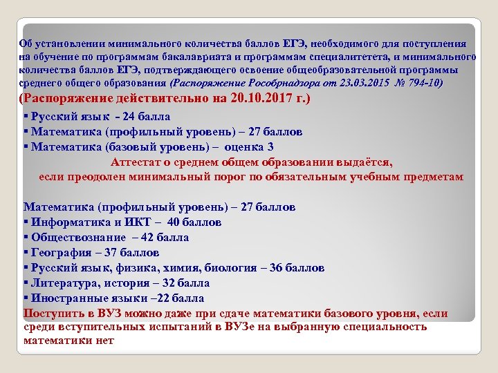 Об установлении минимального количества баллов ЕГЭ, необходимого для поступления на обучение по программам бакалавриата