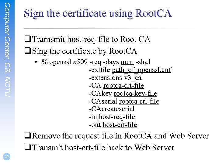 Computer Center, CS, NCTU Sign the certificate using Root. CA q Tramsmit host-req-file to
