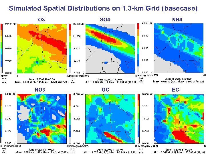 Simulated Spatial Distributions on 1. 3 -km Grid (basecase) O 3 SO 4 NO