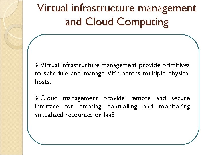 Virtual infrastructure management and Cloud Computing ØVirtual infrastructure management provide primitives to schedule and