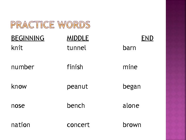 BEGINNING knit MIDDLE tunnel END barn number finish mine know peanut began nose bench